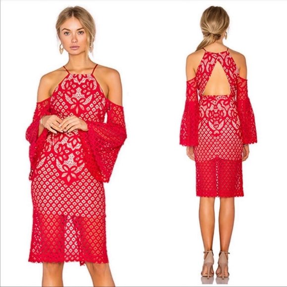 Bardot Mila Red Lace Dress Size 6 Cocktail Cold Shoulder Long Bell Sleeve Womens